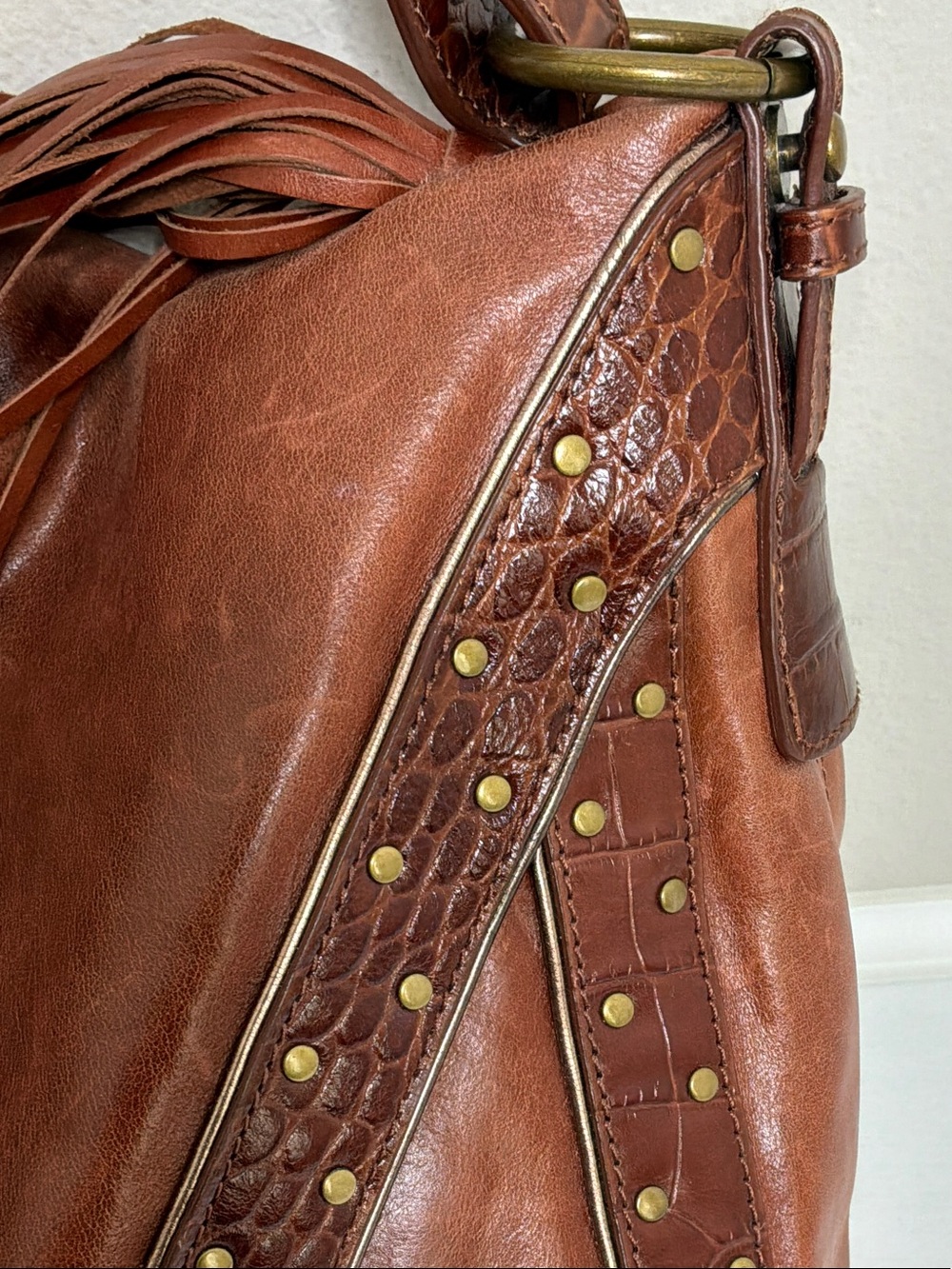 Via Spiga Cognac Leather Shoulder Bag with Studded Trim - Picture 3 of 9